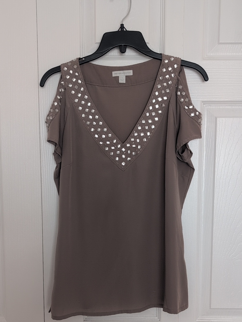 New York & Company Taupe Cold-Shoulder V-Neck Blouse with Silver Embellishments